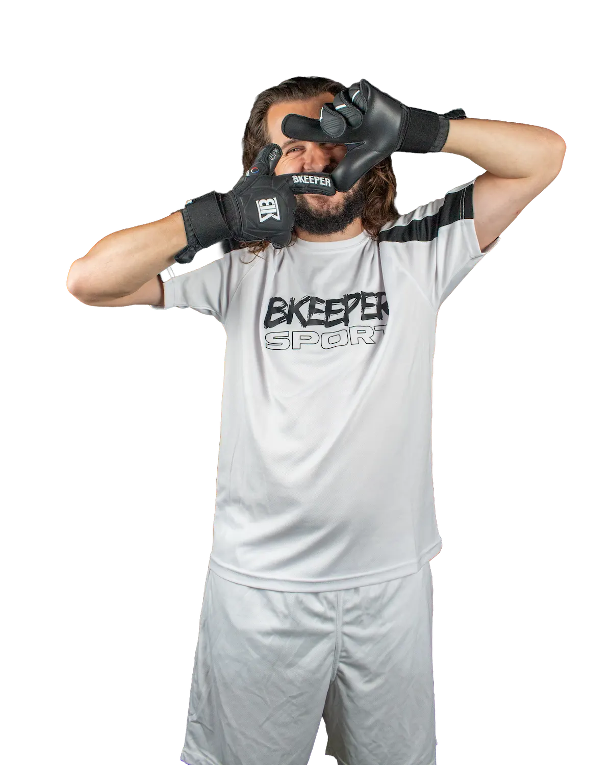 A man wearing a light gray athletic t-shirt and shorts with black and gray 'BKEEPER SPORT' fingerless gloves, posing with his hands over his eyes against a solid white background.