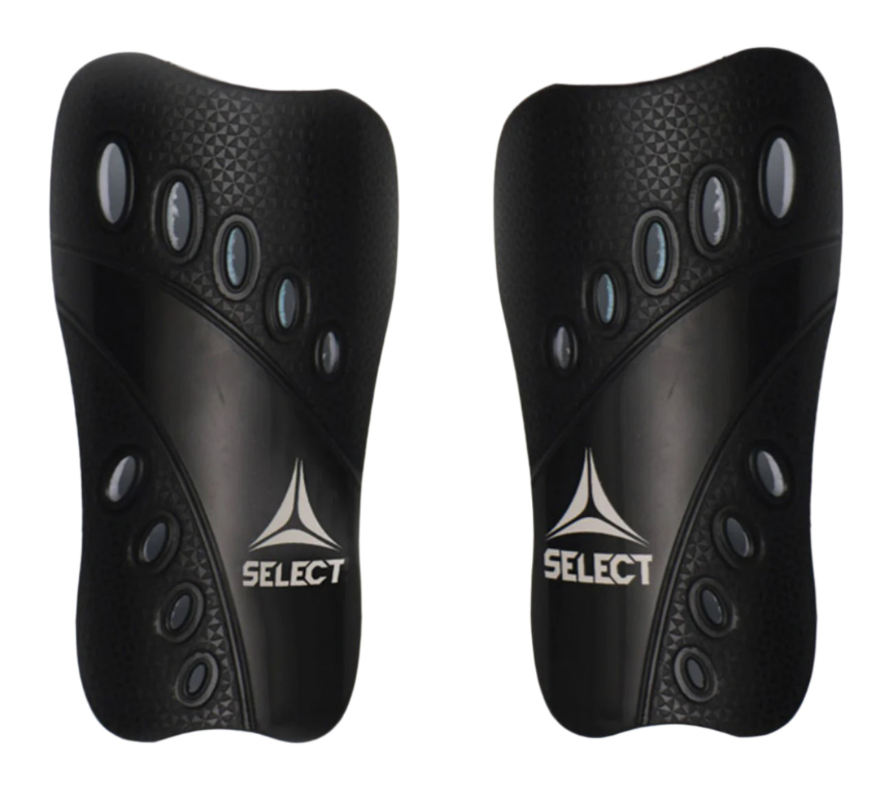 Pair of black shin guards with SELECT logo on a white background