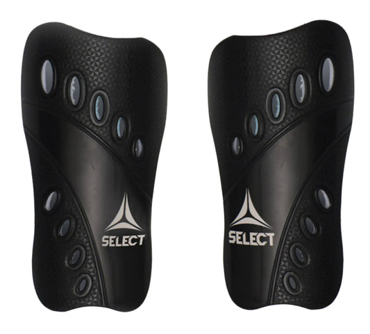Pair of black shin guards with SELECT logo on a white background