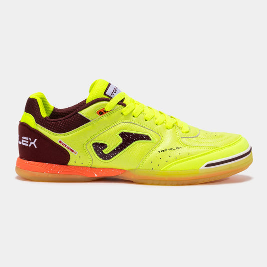 Bright yellow sports shoe with brown accents on a light gray background