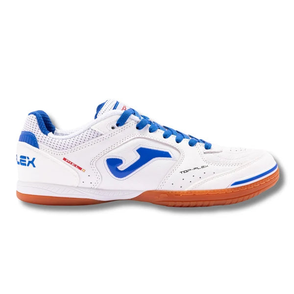 White futsal shoe with blue accents on a white background