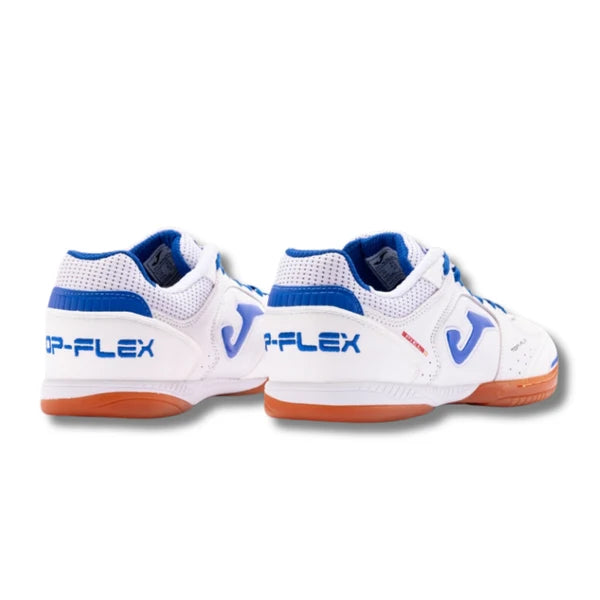 White futsal shoes with blue accents on a white background