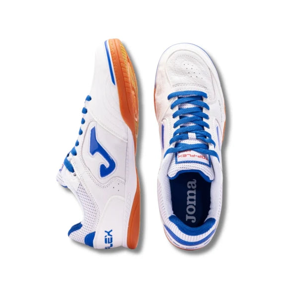 White sports shoes with blue and orange accents on a white background