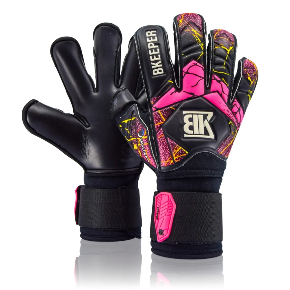 Pair of black and pink goalkeeper gloves with 'Bkker' branding on a white background