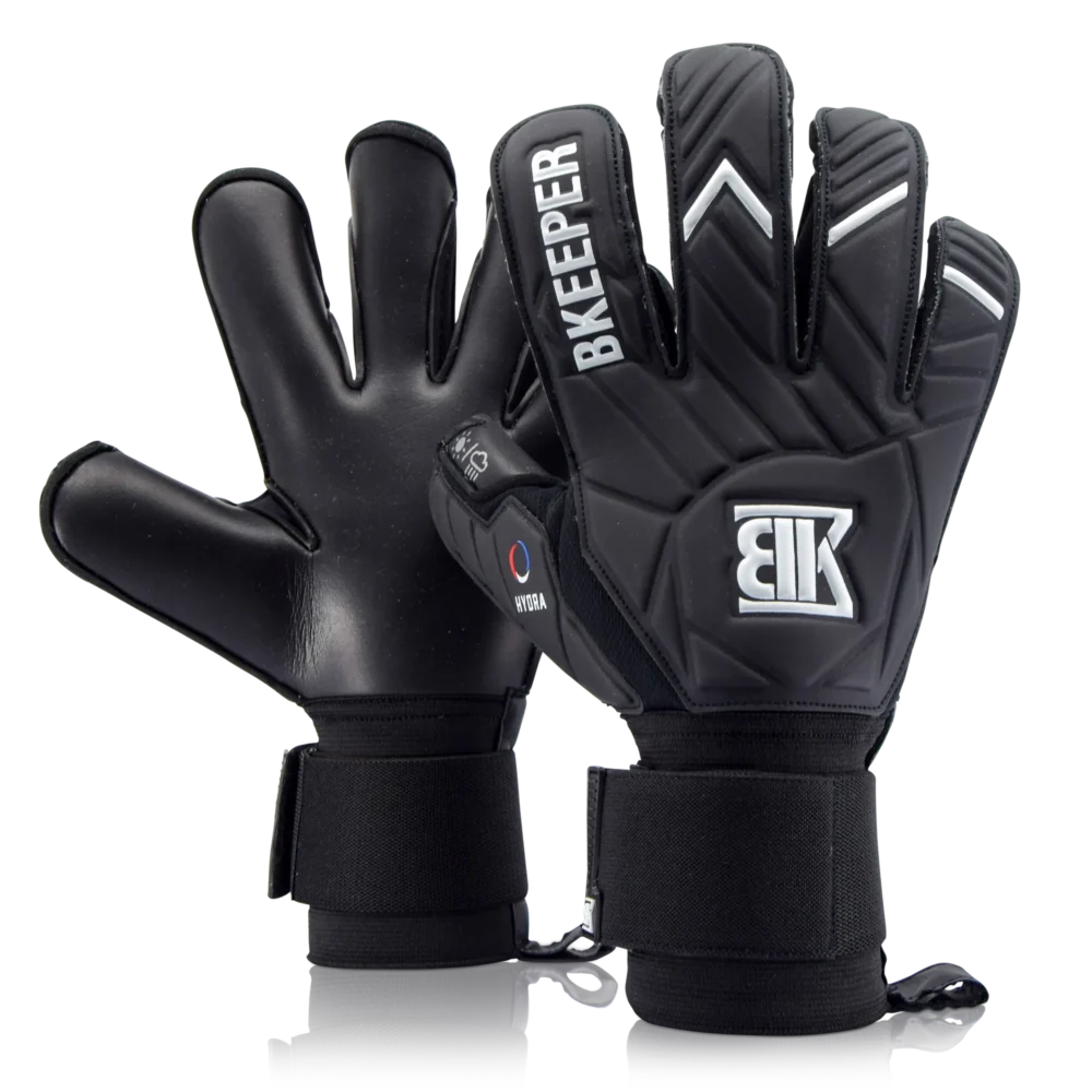 Black goalkeeper gloves with brand logo on a white background