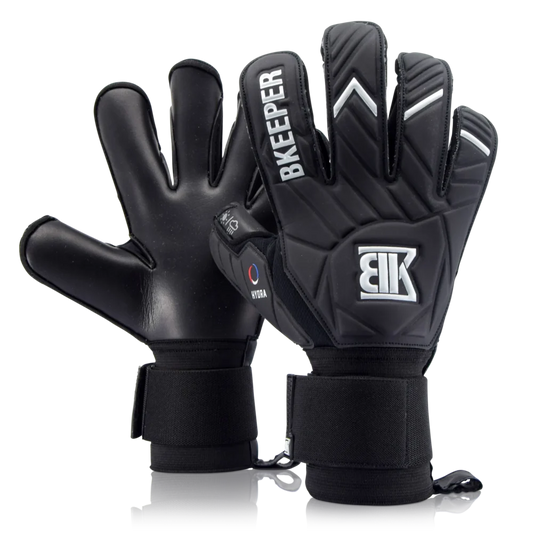 Black goalkeeper gloves with brand logo on a white background