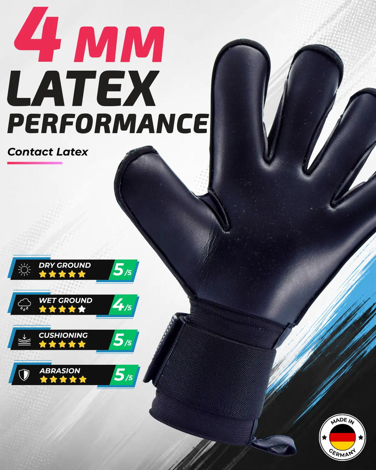 A single black goalkeeper glove shown on a promotional graphic with large text reading '4 MM LATEX PERFORMANCE' and feature callouts for dry ground, wet ground, cushioning, and abrasion. A 'Made in Germany' badge appears in the lower right.