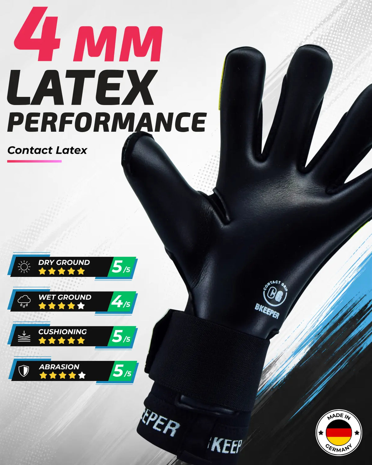 A black goalkeeper glove with a wide adjustable wrist strap, shown on a white and blue graphic background with promotional text reading '4 MM LATEX PERFORMANCE' and feature stars for dry ground, wet ground, cushioning, and abrasion. A 'Made in Germany' badge appears in the lower right.