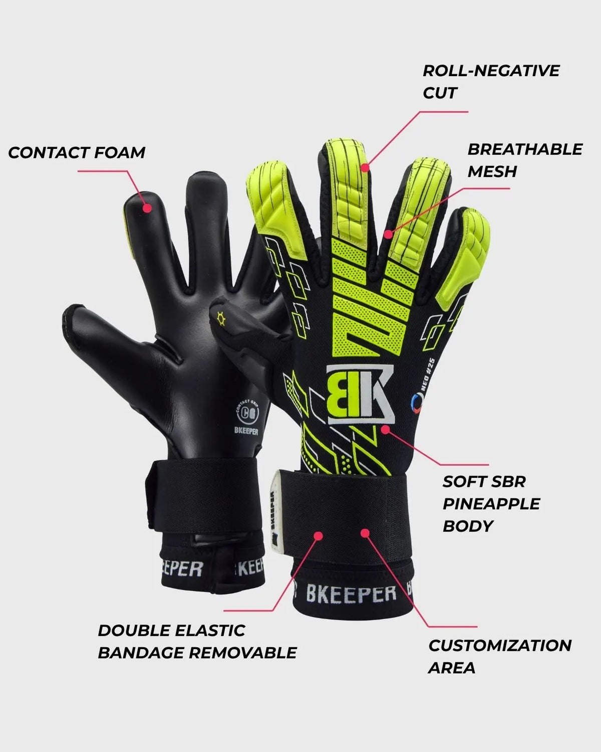 Black and neon yellow goalkeeper gloves with multiple callout labels pointing to features such as contact foam, breathable mesh, soft SBR pineapple body, and customizable area, on a light gray background.