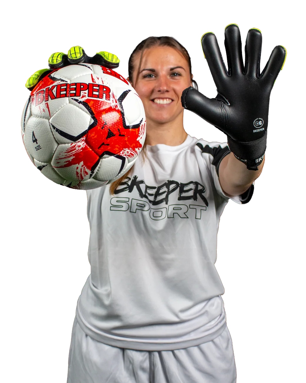 A smiling female soccer goalkeeper wearing a white goalkeeper jersey with 'KEEPER SPORT' and a white soccer ball with red and black graphics, while wearing a black goalkeeper glove on one hand against a white background.