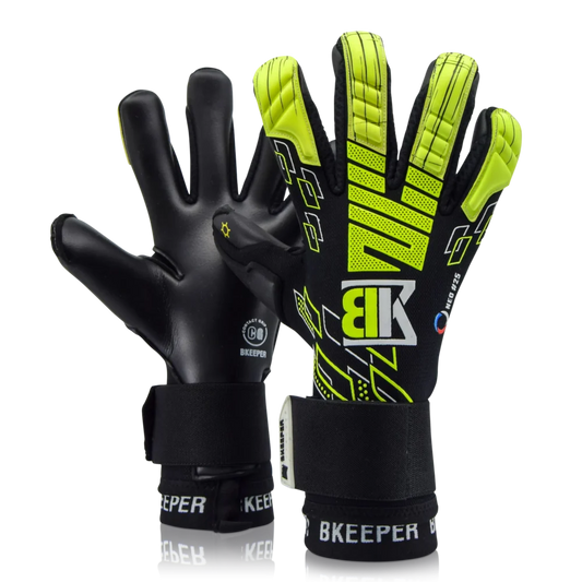 Black and yellow goalkeeper gloves with 'BKEEPER' branding on a white background